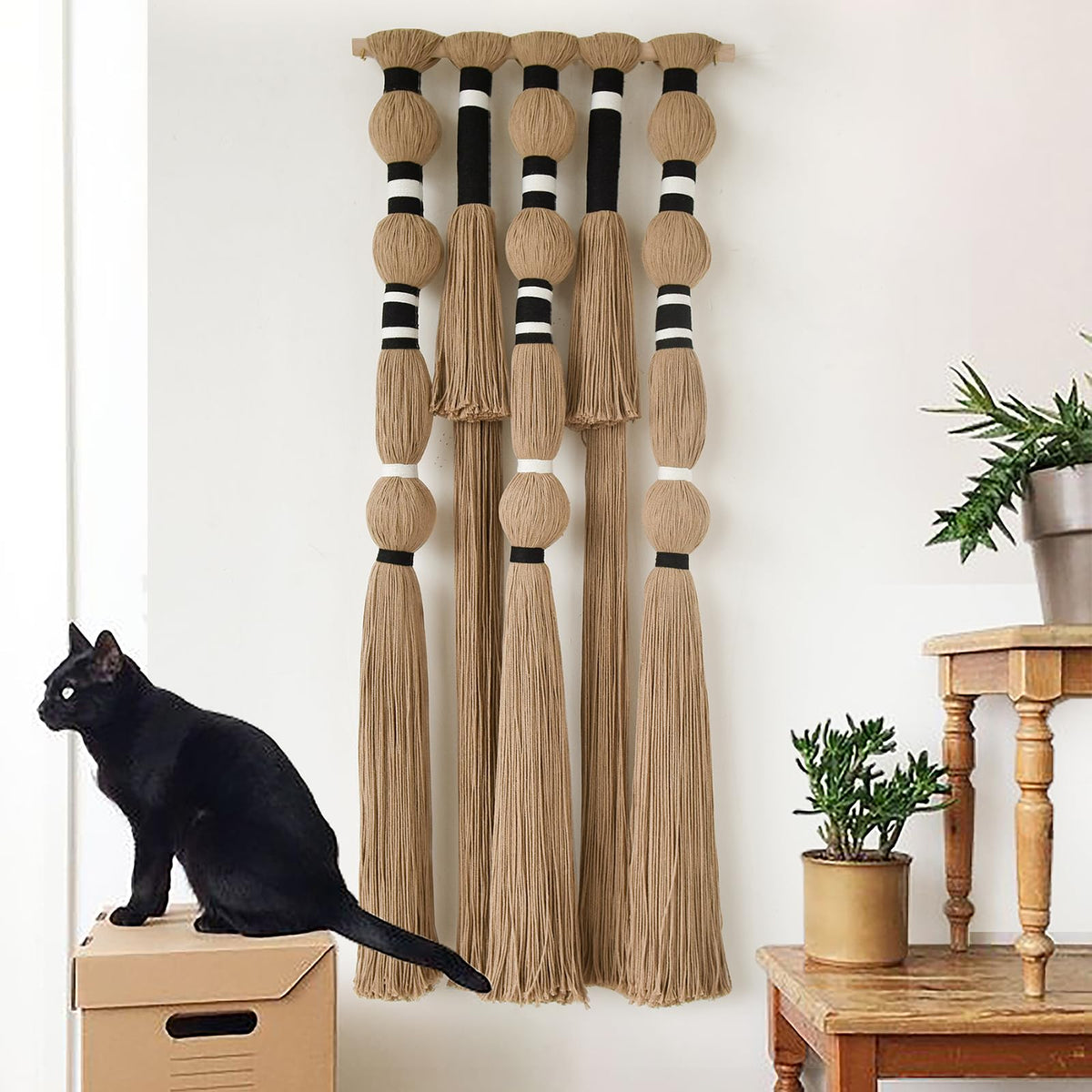 Macrame Wall Hanging Black Spherical Tassel Geometric Wall Art 15.7"W*39"L