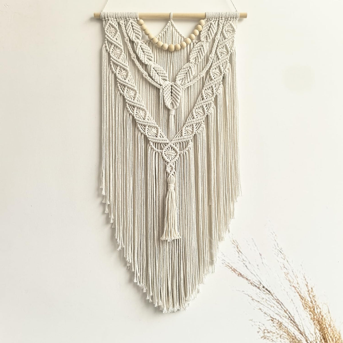 guzhiou Macrame Wall Hanging Boho Geometric Woven Tapestry Cotton Handmade Bohemian Art Decor with Wood Bead Wall Decor for Bedroom Living Room Apartment Nursery 31.5" L x 17" W(Wood bead-A)