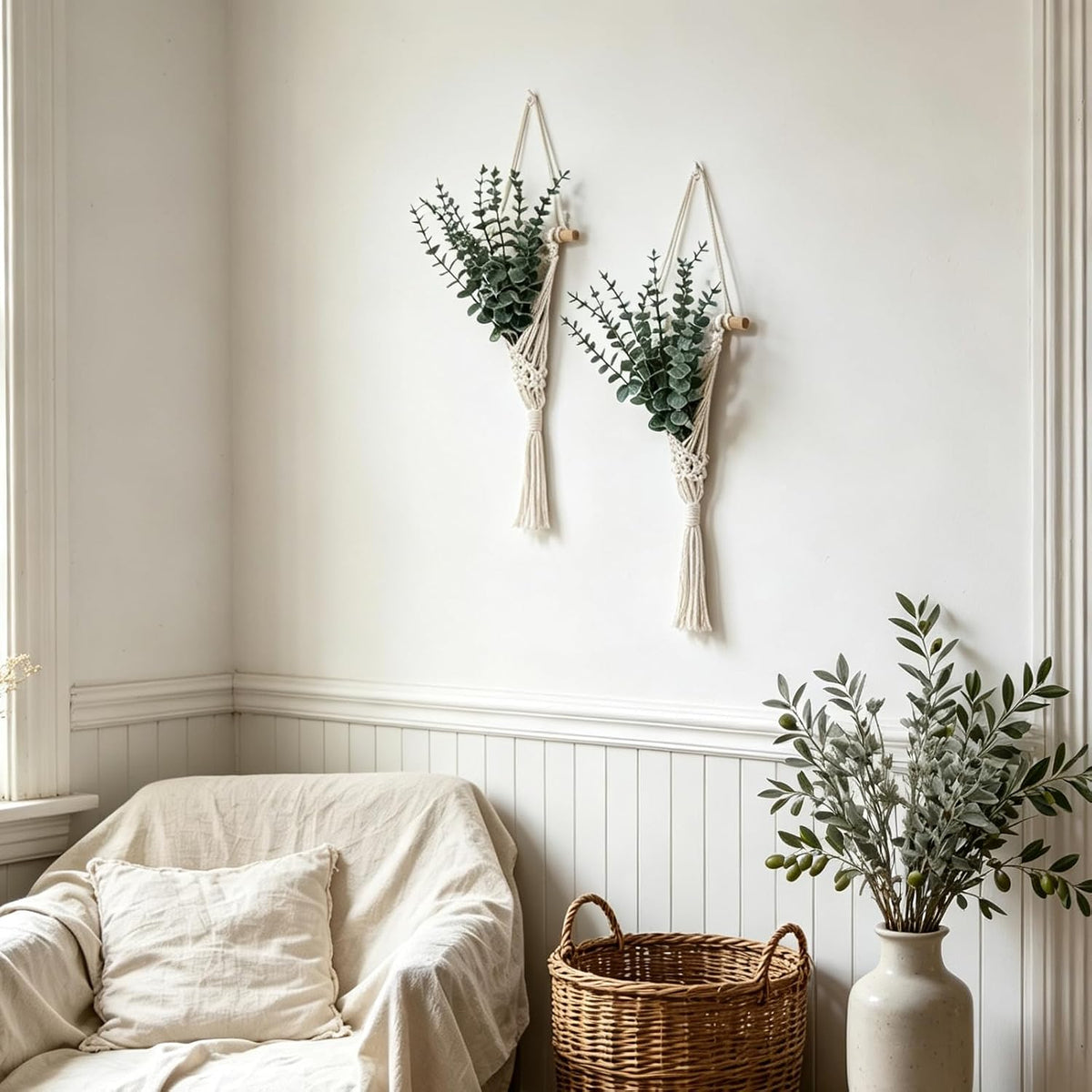 Macrame Hanging Plant Boho Wall Decor with Artificial Eucalyptus Leaves
