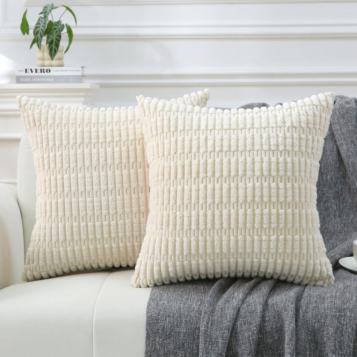 2 Pack Corduroy Decorative Throw Pillow with Inserts, 18x18 Inch Soft Boho Throw Pillow, Square Striped Throw Pillows for Couch, Bed, Sofa Decor(Beige)