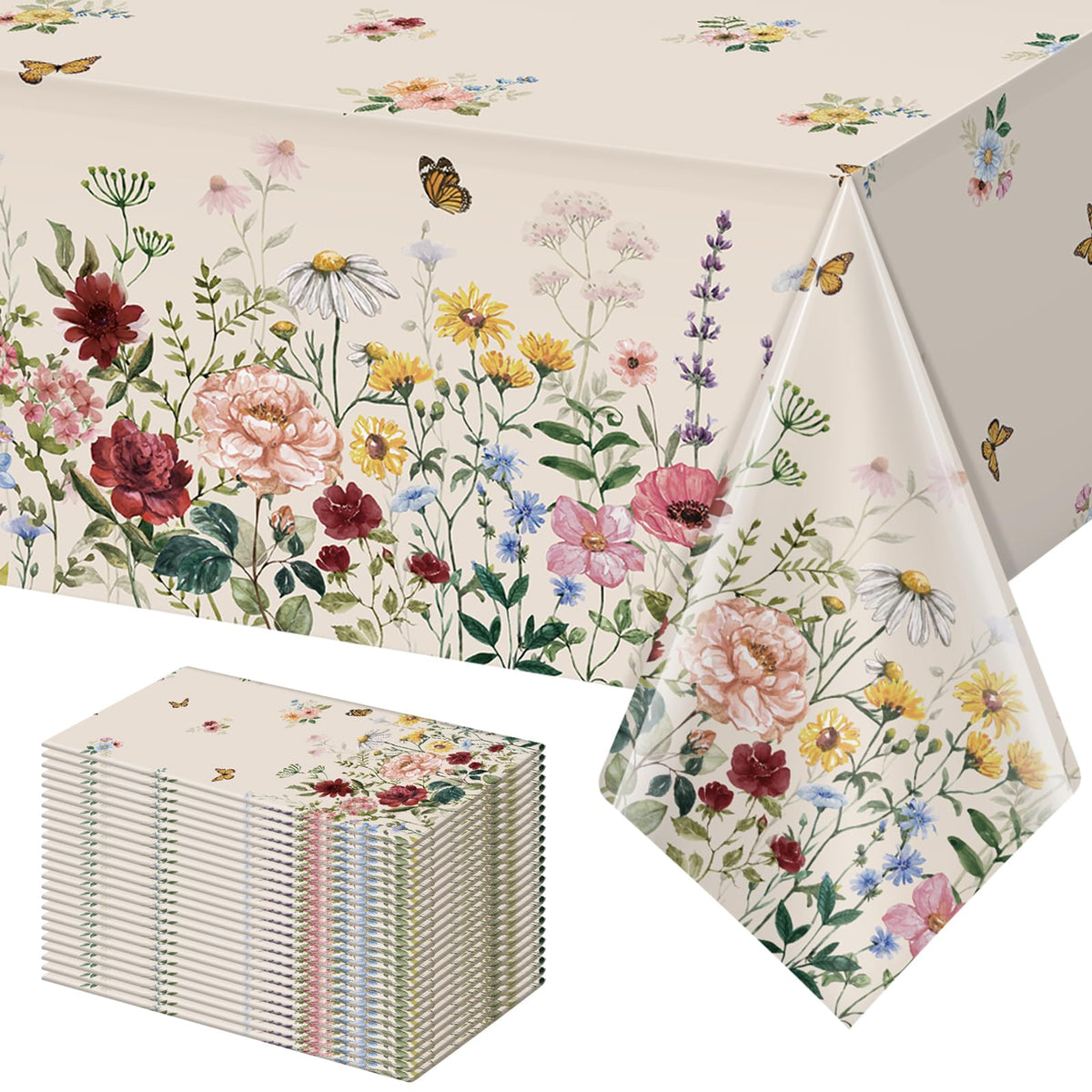 3 Pcs Spring Floral Tablecloth, Butterfly Wildflower Plastic Disposable Tablecloth Rectangle Table Covers for Easter, Birthday, Wedding, Mothers Day Tea Party Supplies and Decorations,54 x 108 Inch
