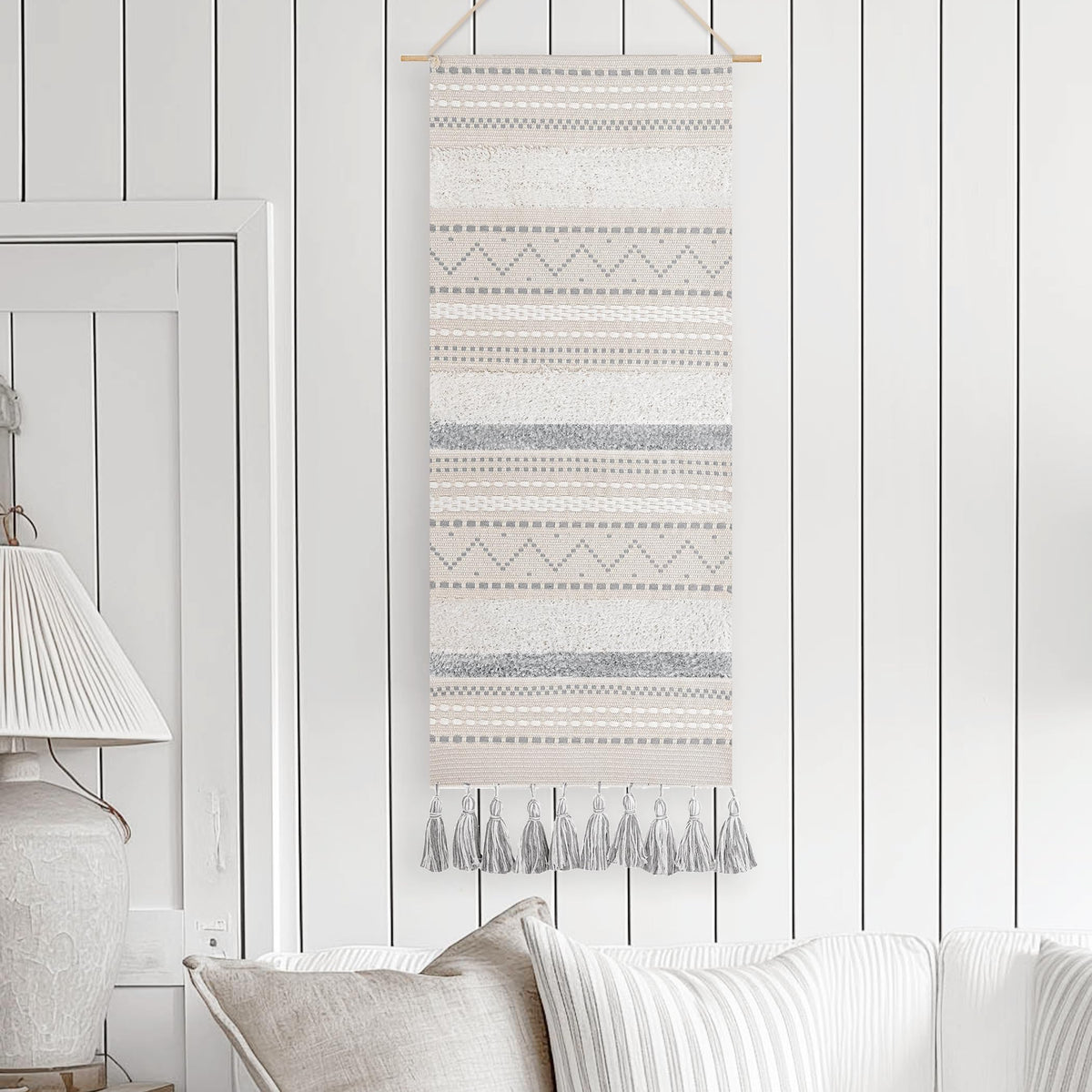 BlissBlush Long Vertical Wall Hanging Tapestry Woven Boho Farmhouse Decor Cream Beige Tassel Handmade Wall Art Decoration for Bedroom Living Room Dorm Nursery Apartment, 16x39 INCH