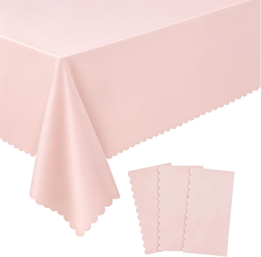 NatNarr 3 Pcs Plastic Light Pink Tablecloths, Scalloped Table Cloths