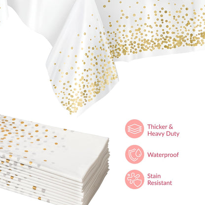 Prestee 12-Pack White and Gold Tablecloth - 54x108 Inch - Disposable Table Covers for Party, Weddings, and Holidays - Waterproof Christmas Tablecloth, Stain-Resistant Plastic Table Cover Set