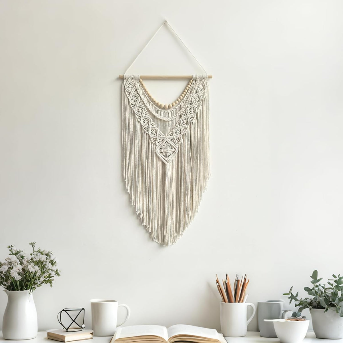 guzhiou Macrame Wall Hanging Boho Geometric Woven Tapestry Cotton Handmade Bohemian Art Decor with Wood Bead Wall Decor for Bedroom Living Room Apartment Nursery 31.5" L x 17" W(Wood bead-A)