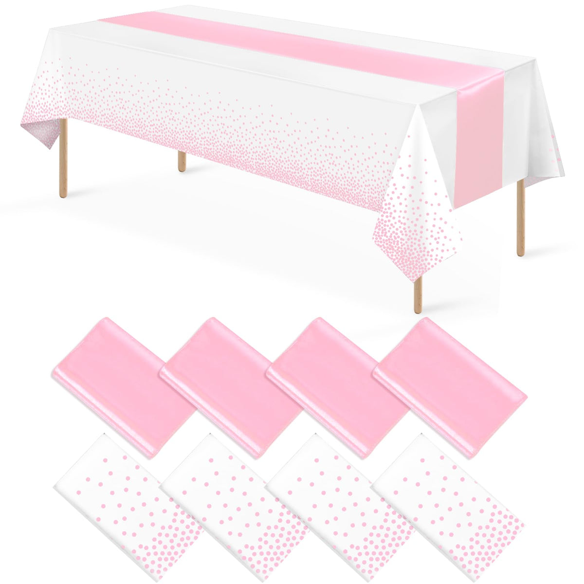 8Pack Disposable Plastic Tablecloths and Satin Table Runner Set White and Silver Dot Tablecloth Silver Satin Table Runner for Wedding Birthday Baby Shower Anniversary Christmas New Year Party Supplies