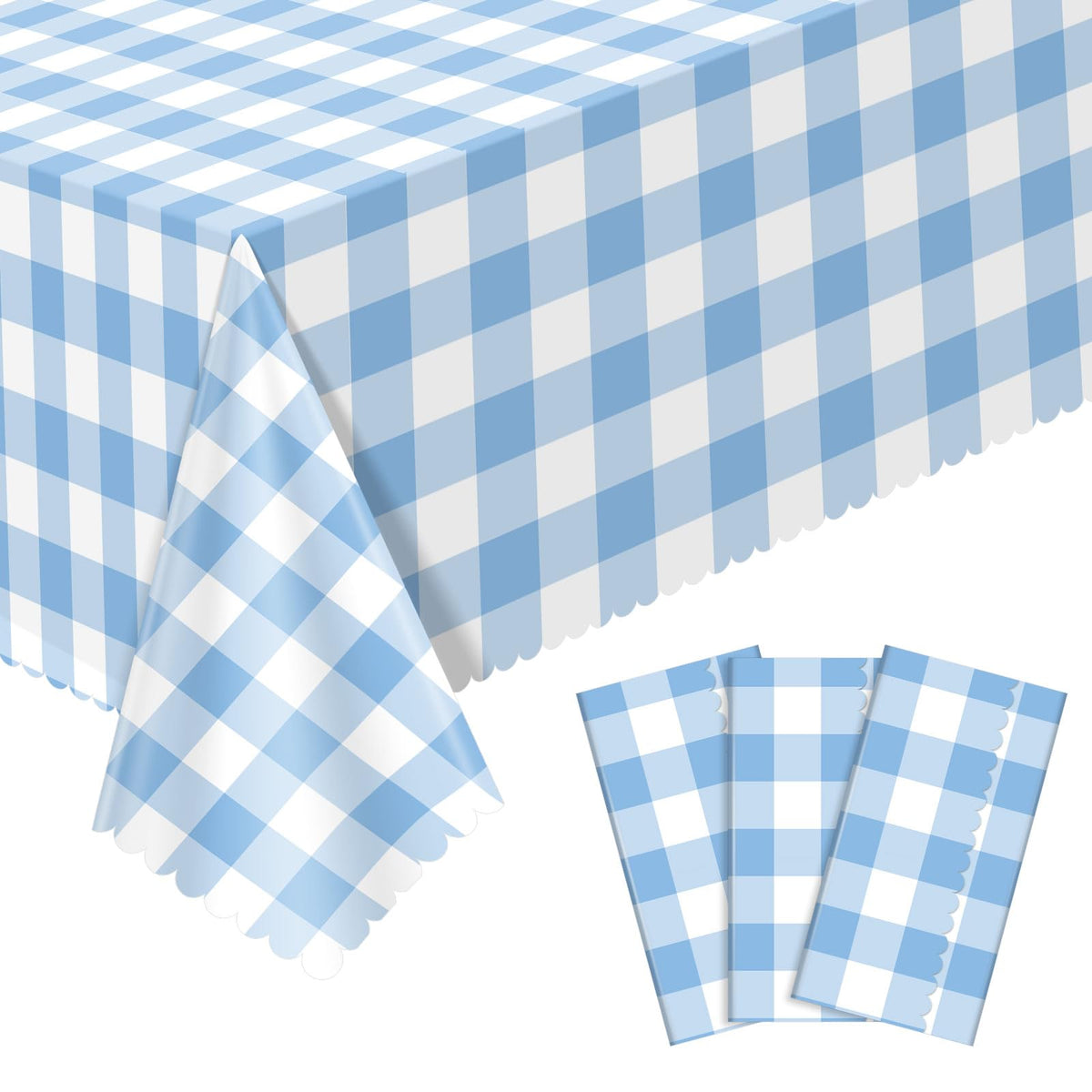 NatNarr 3 Pack Sage Green Gingham Tablecloth, Scalloped Party Table Cover