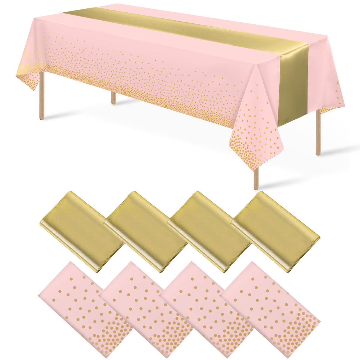 8Pack Disposable Plastic Tablecloths and Satin Table Runner Set White and Silver Dot Tablecloth Silver Satin Table Runner for Wedding Birthday Baby Shower Anniversary Christmas New Year Party Supplies
