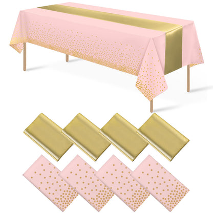 8Pack Disposable Plastic Tablecloths and Satin Table Runner Set White and Silver Dot Tablecloth Silver Satin Table Runner for Wedding Birthday Baby Shower Anniversary Christmas New Year Party Supplies