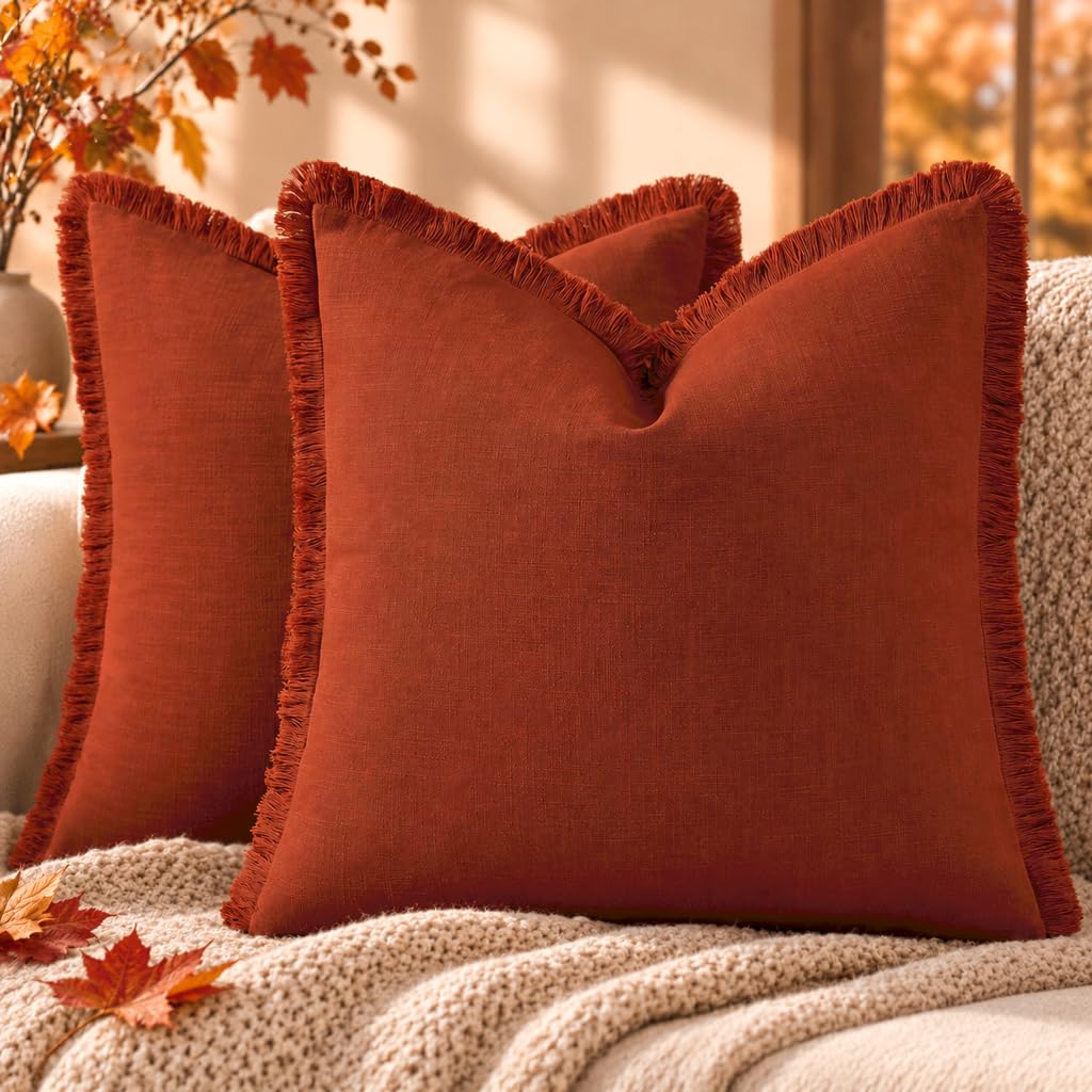 decorUhome Linen Fringe Natural Beige Throw Pillow Covers 18x18 Set of 2