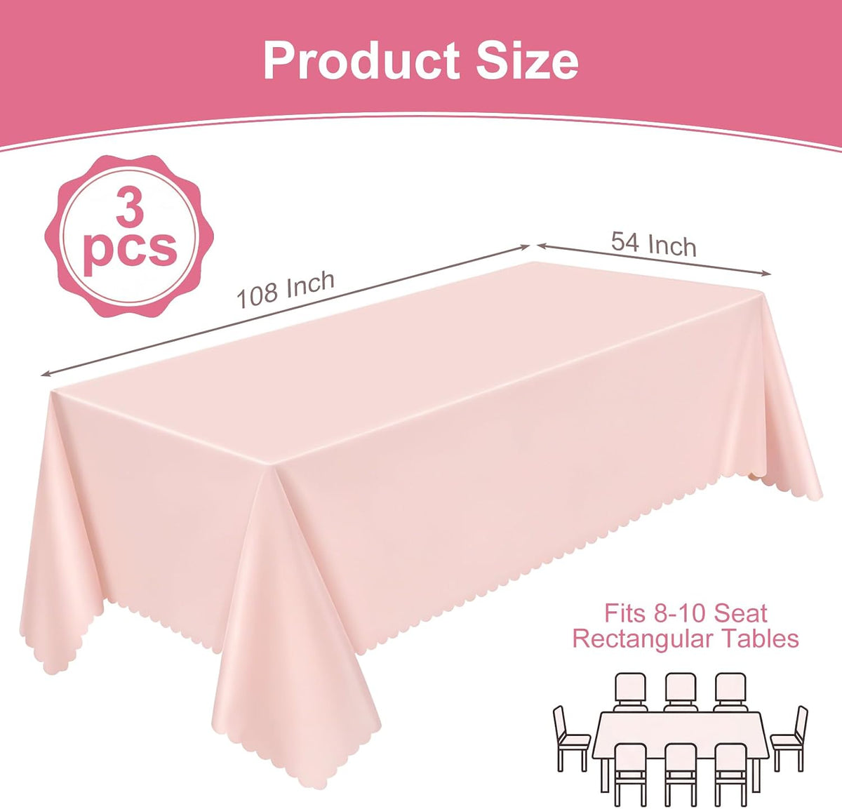 NatNarr 3 Pcs Plastic Light Pink Tablecloths, Scalloped Table Cloths