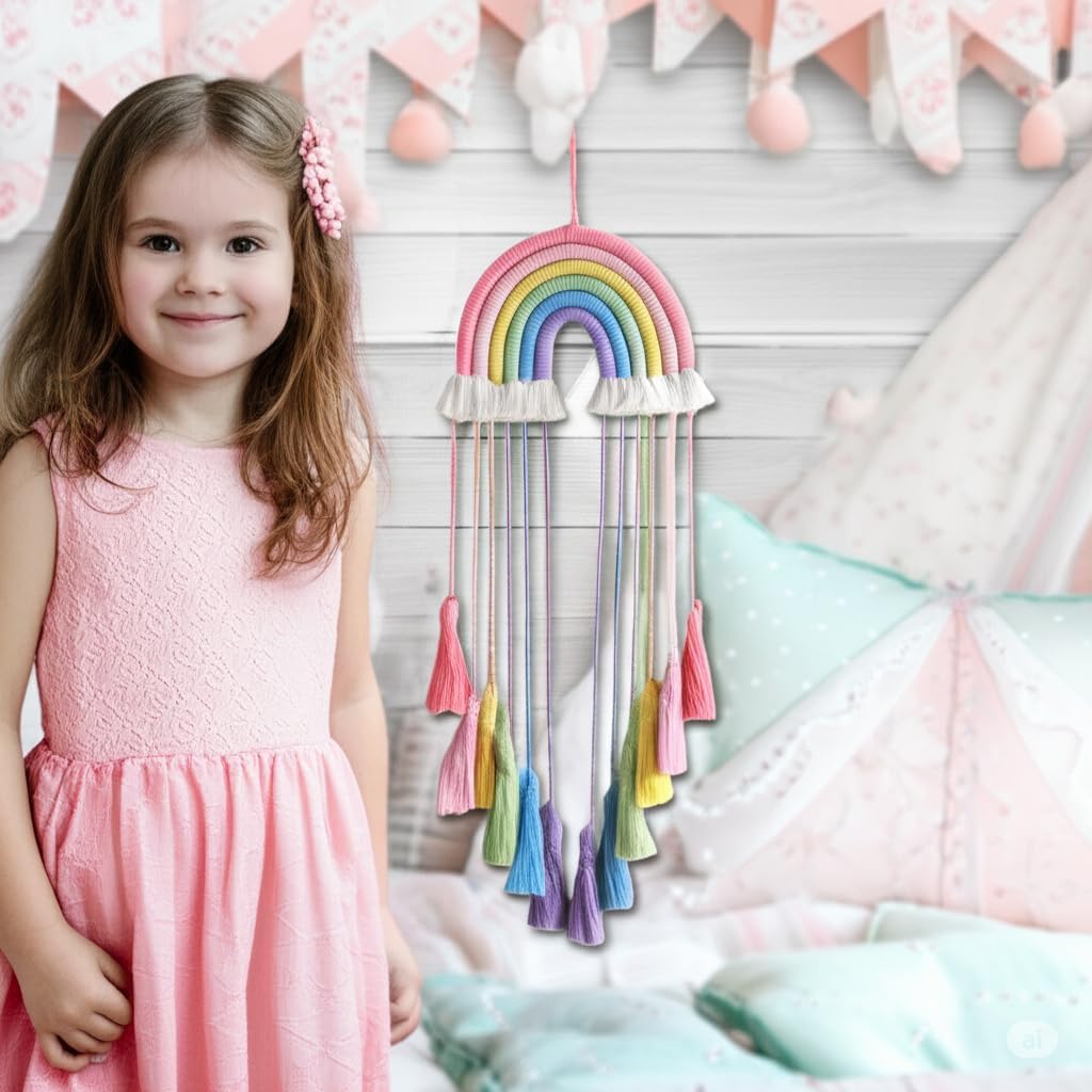 Rainbow Macrame Wall Hanging, Girls Room Decor (Pink Rainbow)