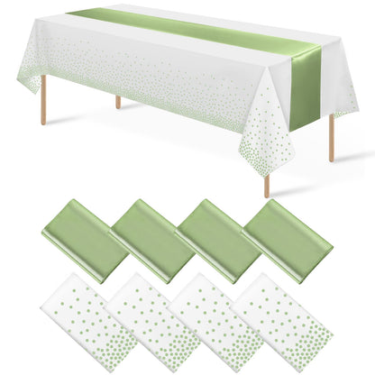 8Pack Disposable Plastic Tablecloths and Satin Table Runner Set White and Silver Dot Tablecloth Silver Satin Table Runner for Wedding Birthday Baby Shower Anniversary Christmas New Year Party Supplies