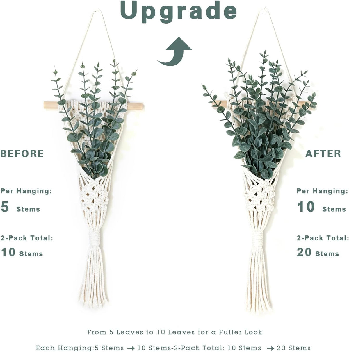 Macrame Hanging Plant Boho Wall Decor with Artificial Eucalyptus Leaves