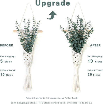 Macrame Hanging Plant Boho Wall Decor with Artificial Eucalyptus Leaves