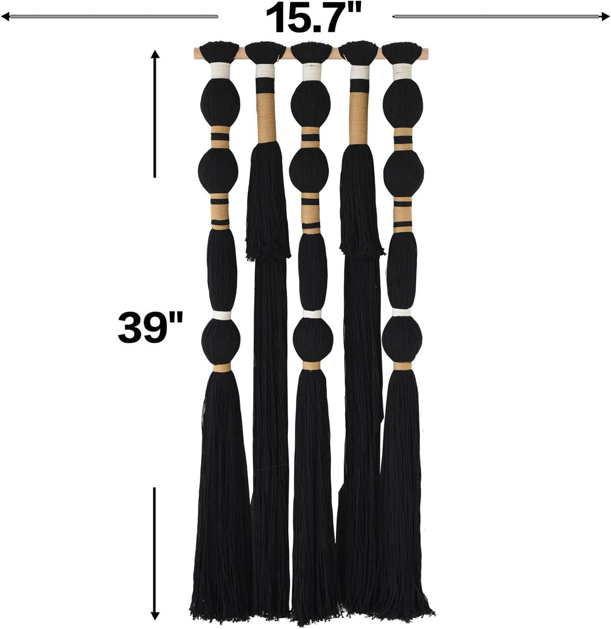 Macrame Wall Hanging Black Spherical Tassel Geometric Wall Art 15.7"W*39"L