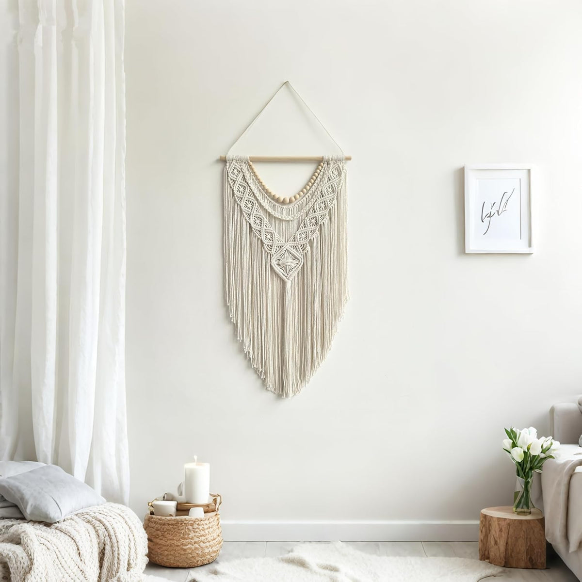 guzhiou Macrame Wall Hanging Boho Geometric Woven Tapestry Cotton Handmade Bohemian Art Decor with Wood Bead Wall Decor for Bedroom Living Room Apartment Nursery 31.5" L x 17" W(Wood bead-A)