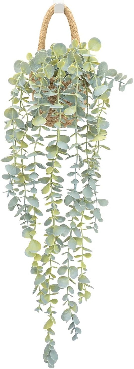 Fake Hanging Plant Decor Indoor, Eucalyptus Artificial Faux Plants in Wall Woven Planters, Jute Hanger with Black Pot Soft Green 1PCS 23Inch Long