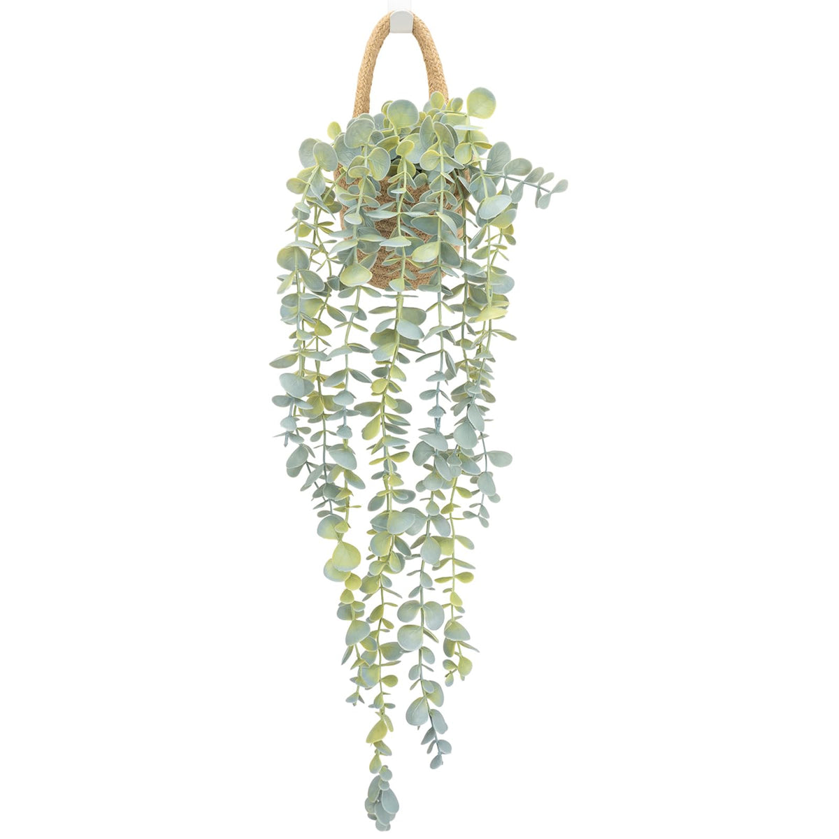 Fake Hanging Plant Decor Indoor, Eucalyptus Artificial Faux Plants in Wall Woven Planters, Jute Hanger with Black Pot Soft Green 1PCS 23Inch Long