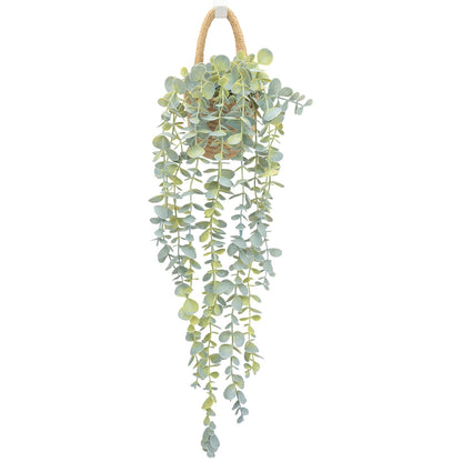 Fake Hanging Plant Decor Indoor, Eucalyptus Artificial Faux Plants in Wall Woven Planters, Jute Hanger with Black Pot Soft Green 1PCS 23Inch Long