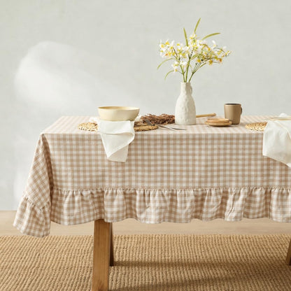 MONDAY MOOSE Gingham Checkered Farmhouse Rustic Picnic Style Decoration Rectangle Natural Stonewashed Cotton Tablecloth for Kitchen, Dining Room, Restaurant (60x102 inch, Beige)