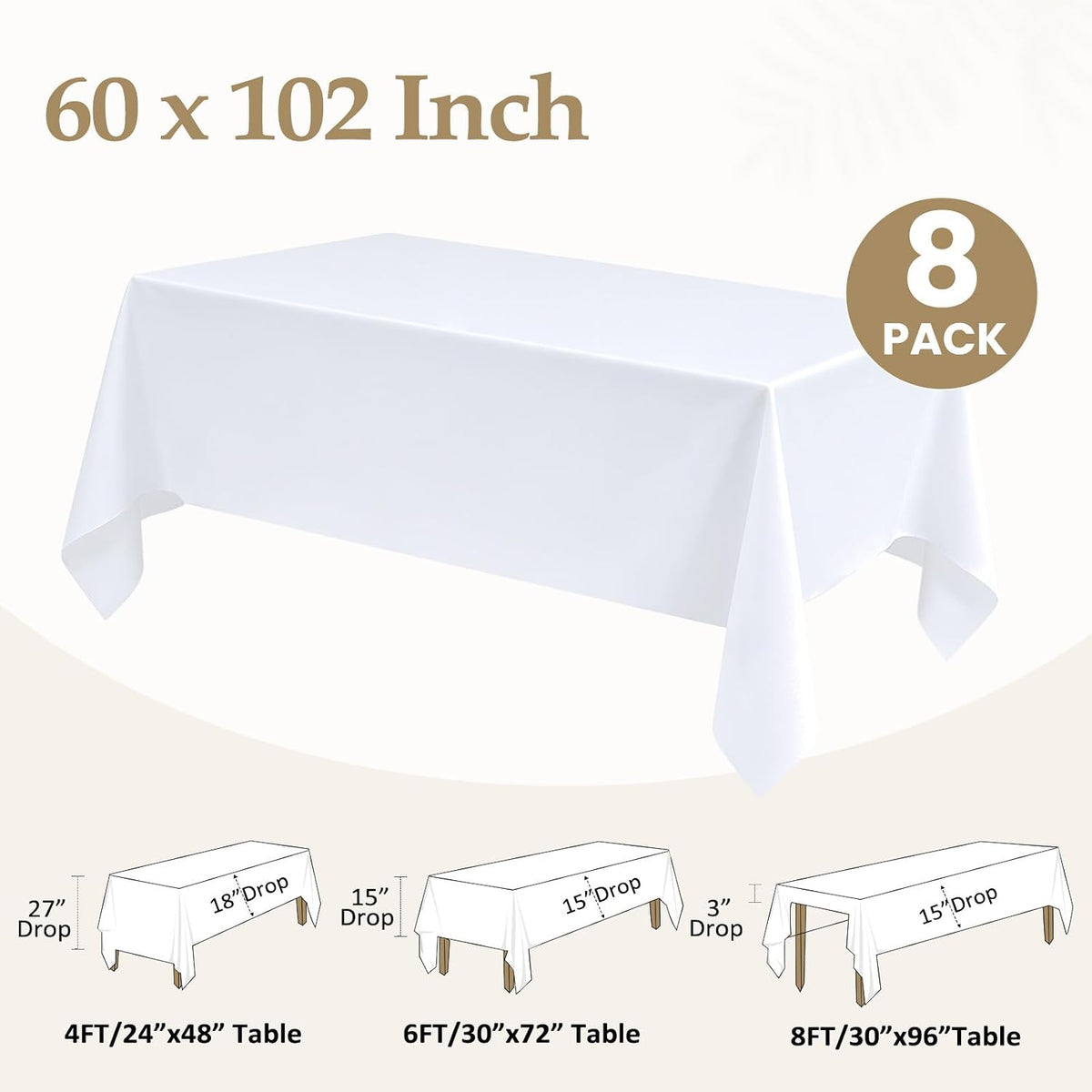 White Rectangle Table Cloth 60 x 102 Inch, 8 Pack