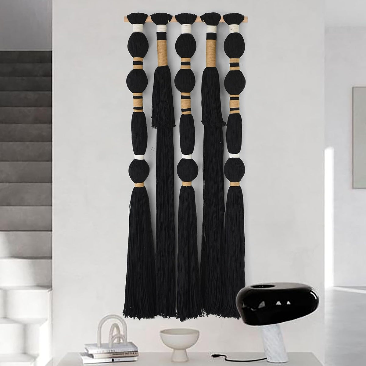 Macrame Wall Hanging Black Spherical Tassel Geometric Wall Art 15.7"W*39"L