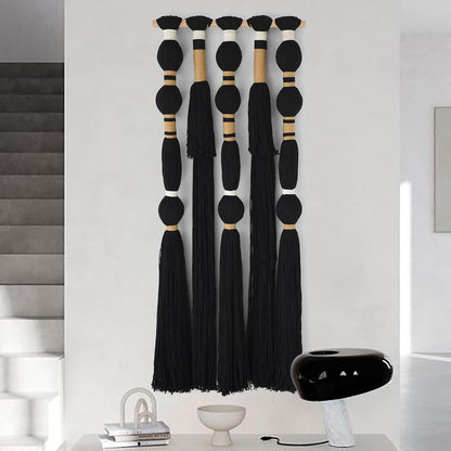 Macrame Wall Hanging Black Spherical Tassel Geometric Wall Art 15.7"W*39"L
