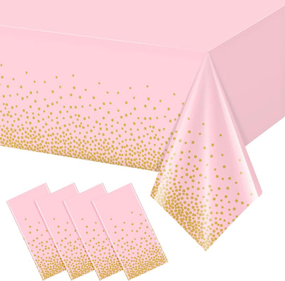 FunnyPars 4 Pack Pink and Gold Plastic Tablecloth for Parties, Pink Disposable Table Cloth for Rectangle Tables, Gold Dot Confetti Light Pink Tablecloth for Birthday Wedding Baby Shower Party, 54x108
