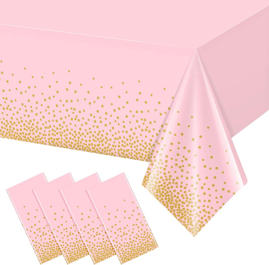 FunnyPars 4 Pack Pink and Gold Plastic Tablecloth for Parties, Pink Disposable Table Cloth for Rectangle Tables, Gold Dot Confetti Light Pink Tablecloth for Birthday Wedding Baby Shower Party, 54x108