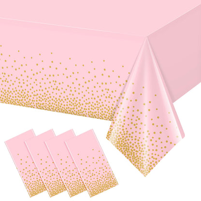 FunnyPars 4 Pack Pink and Gold Plastic Tablecloth for Parties, Pink Disposable Table Cloth for Rectangle Tables, Gold Dot Confetti Light Pink Tablecloth for Birthday Wedding Baby Shower Party, 54x108
