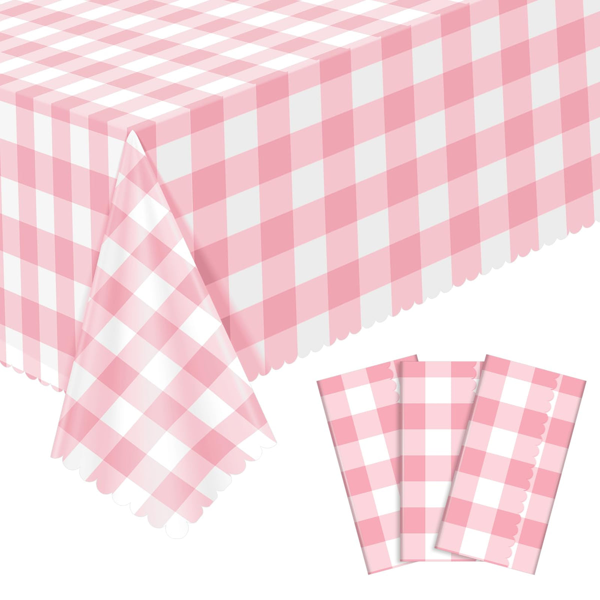 NatNarr 3 Pack Sage Green Gingham Tablecloth, Scalloped Party Table Cover