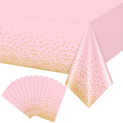 FunnyPars 4 Pack Pink and Gold Plastic Tablecloth for Parties, Pink Disposable Table Cloth for Rectangle Tables, Gold Dot Confetti Light Pink Tablecloth for Birthday Wedding Baby Shower Party, 54x108