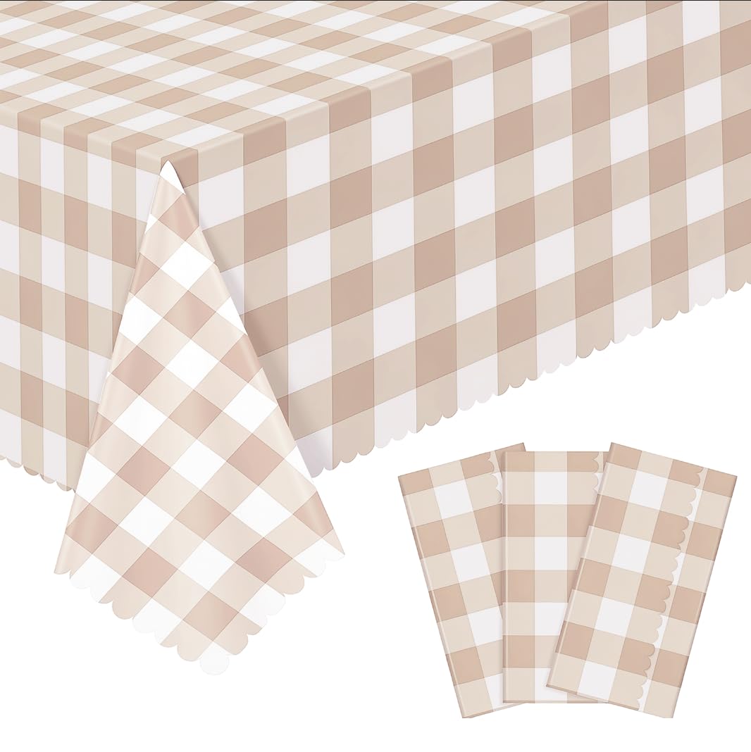 NatNarr 3 Pack Sage Green Gingham Tablecloth, Scalloped Party Table Cover