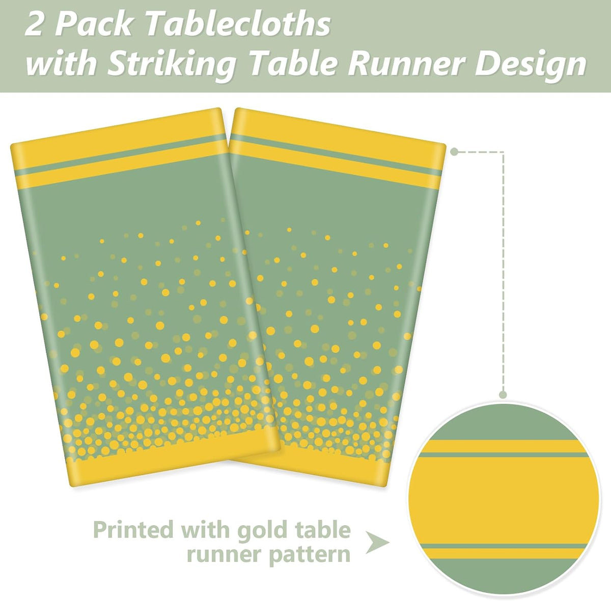LANLISA Sage Green and Gold Tablecloth Party Decorations 2 Pack, Disposable Plastic Table Cloths for Baby Shower Birthday Wedding Party Decor