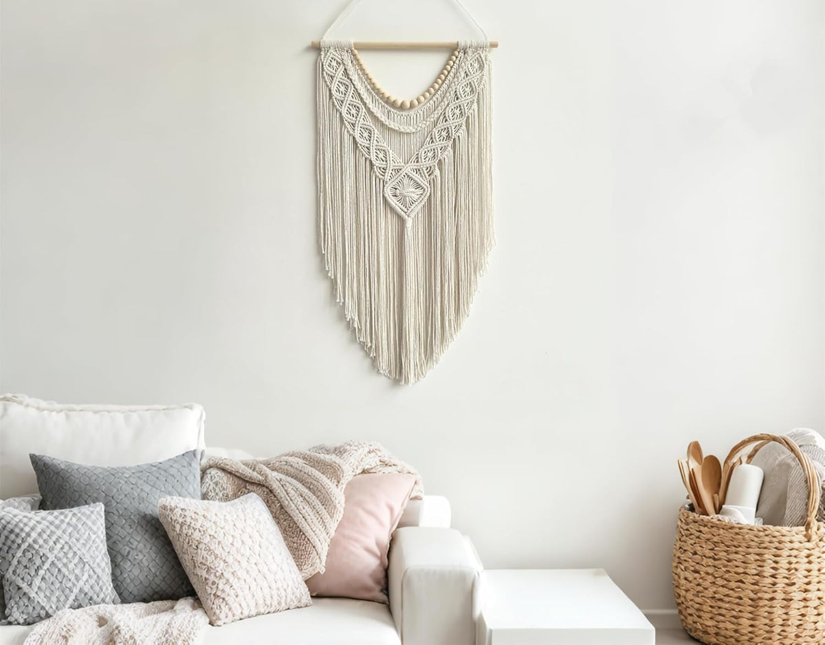 guzhiou Macrame Wall Hanging Boho Geometric Woven Tapestry Cotton Handmade Bohemian Art Decor with Wood Bead Wall Decor for Bedroom Living Room Apartment Nursery 31.5" L x 17" W(Wood bead-A)