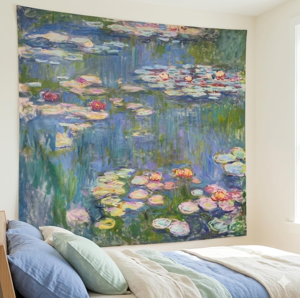 Monet Waterlily Wall Tapestry, Cute Floral Art Tapestries for Girl Bedroom