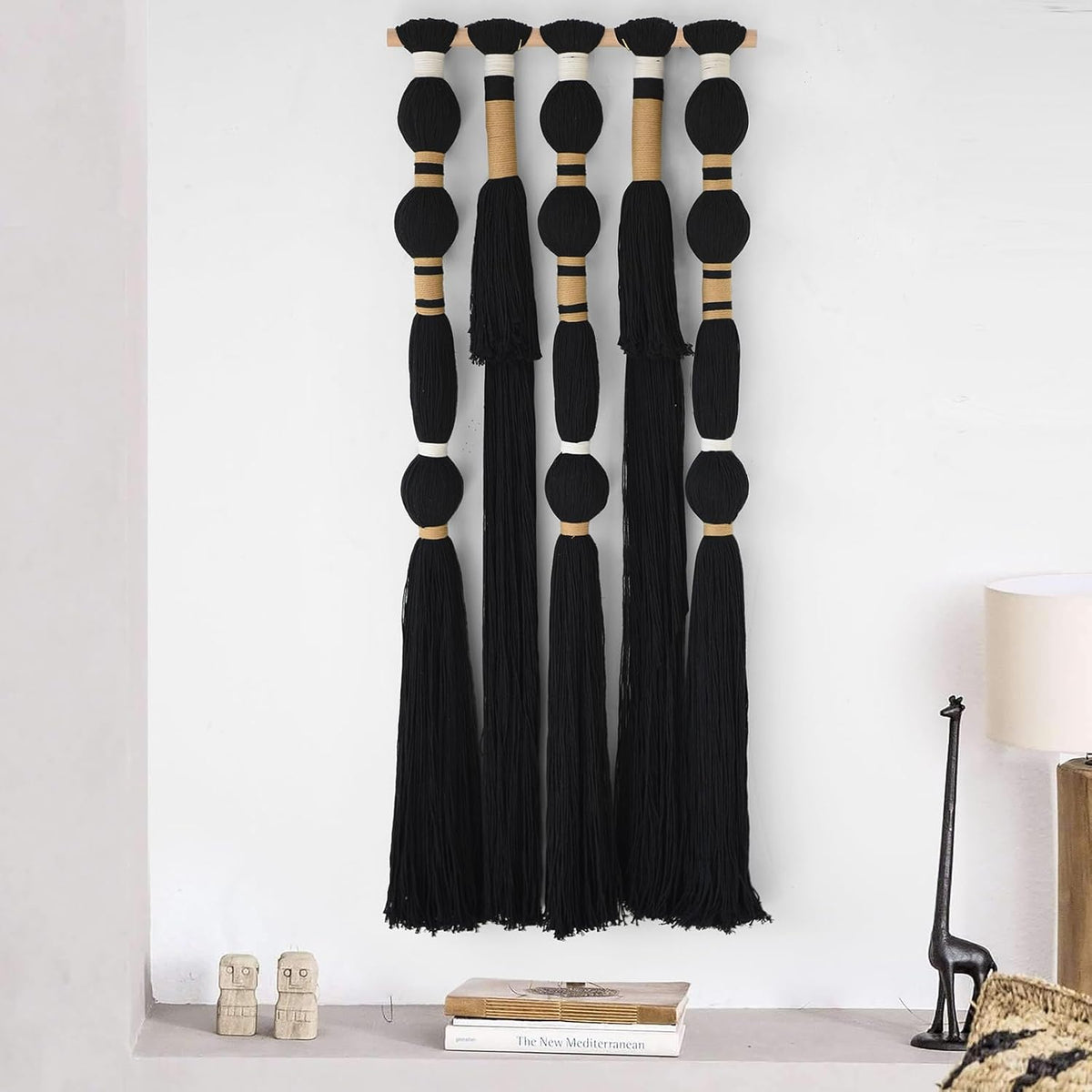 Macrame Wall Hanging Black Spherical Tassel Geometric Wall Art 15.7"W*39"L