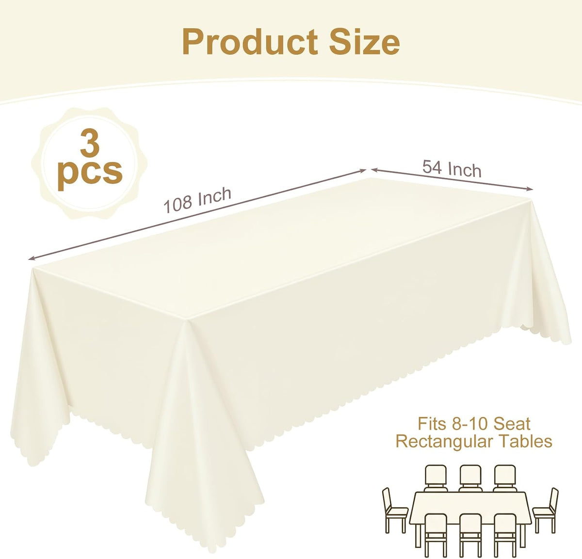 NatNarr 3 Pack Ivory Tablecloths, 54 x 108 Inch Scalloped Party Table Cover