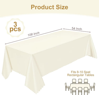 NatNarr 3 Pack Ivory Tablecloths, 54 x 108 Inch Scalloped Party Table Cover