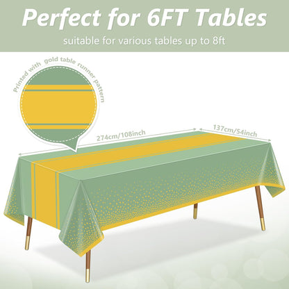 LANLISA Sage Green and Gold Tablecloth Party Decorations 2 Pack, Disposable Plastic Table Cloths for Baby Shower Birthday Wedding Party Decor