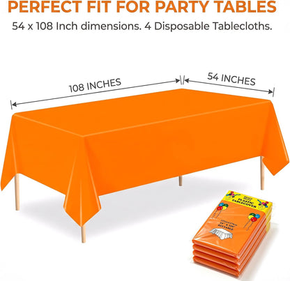 Orange Tablecloth 4 Pack, 54 x 108 Inch Disposable Plastic Table Covers