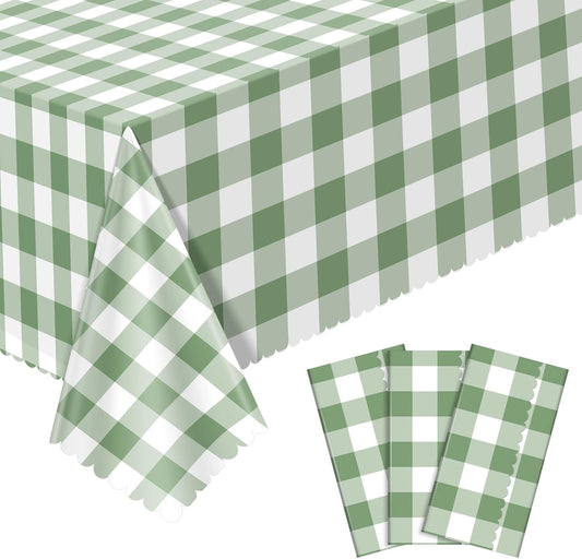 NatNarr 3 Pack Sage Green Gingham Tablecloth, Scalloped Party Table Cover