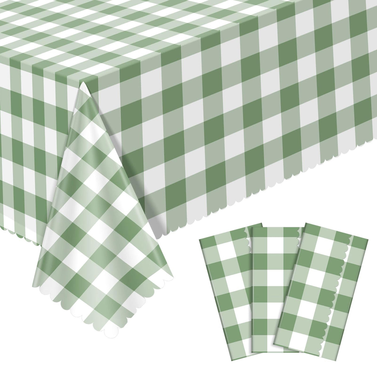NatNarr 3 Pack Sage Green Gingham Tablecloth, Scalloped Party Table Cover