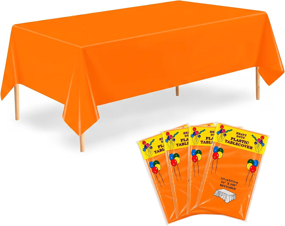 Orange Tablecloth 4 Pack, 54 x 108 Inch Disposable Plastic Table Covers