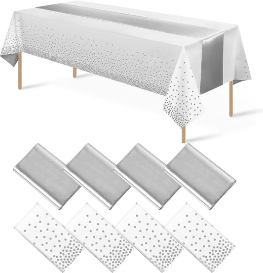 8Pack Disposable Plastic Tablecloths and Satin Table Runner Set White and Silver Dot Tablecloth Silver Satin Table Runner for Wedding Birthday Baby Shower Anniversary Christmas New Year Party Supplies