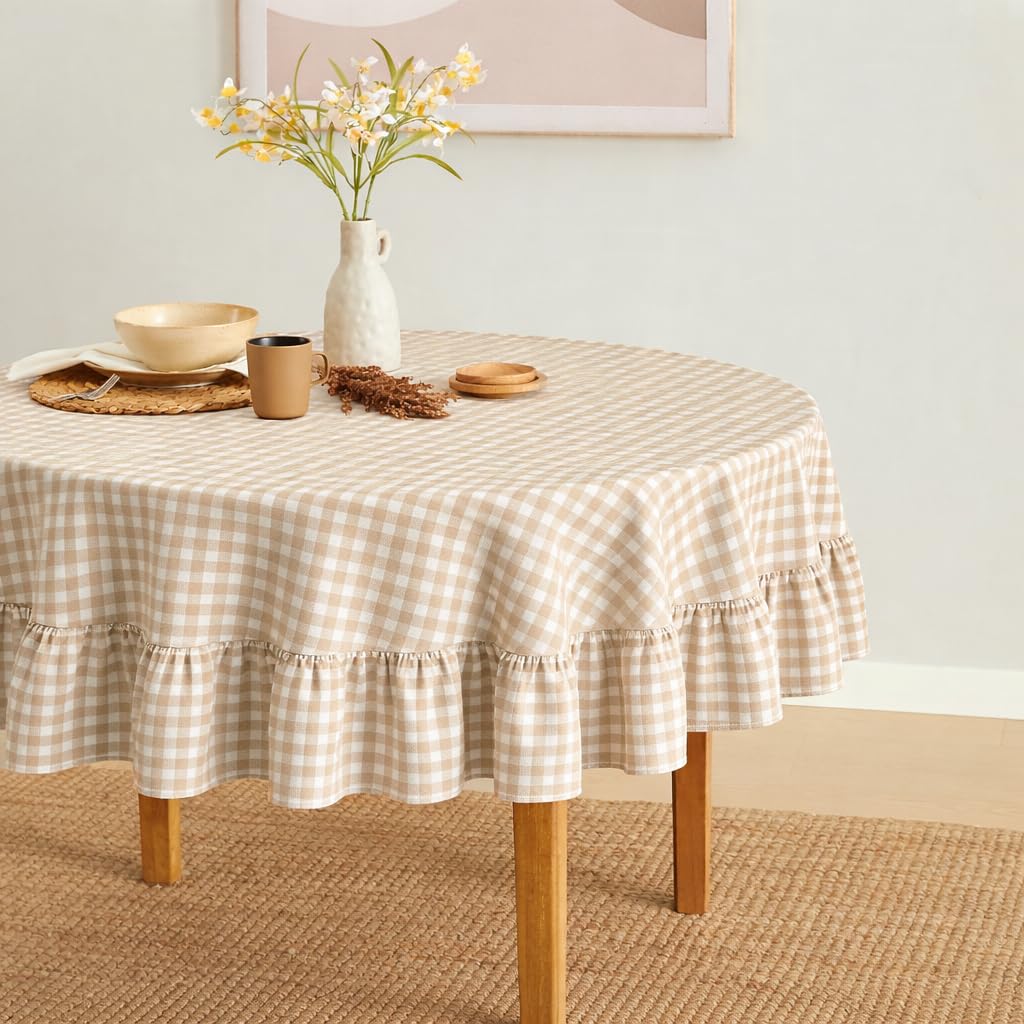 MONDAY MOOSE Gingham Checkered Farmhouse Rustic Picnic Style Decoration Rectangle Natural Stonewashed Cotton Tablecloth for Kitchen, Dining Room, Restaurant (60x102 inch, Beige)