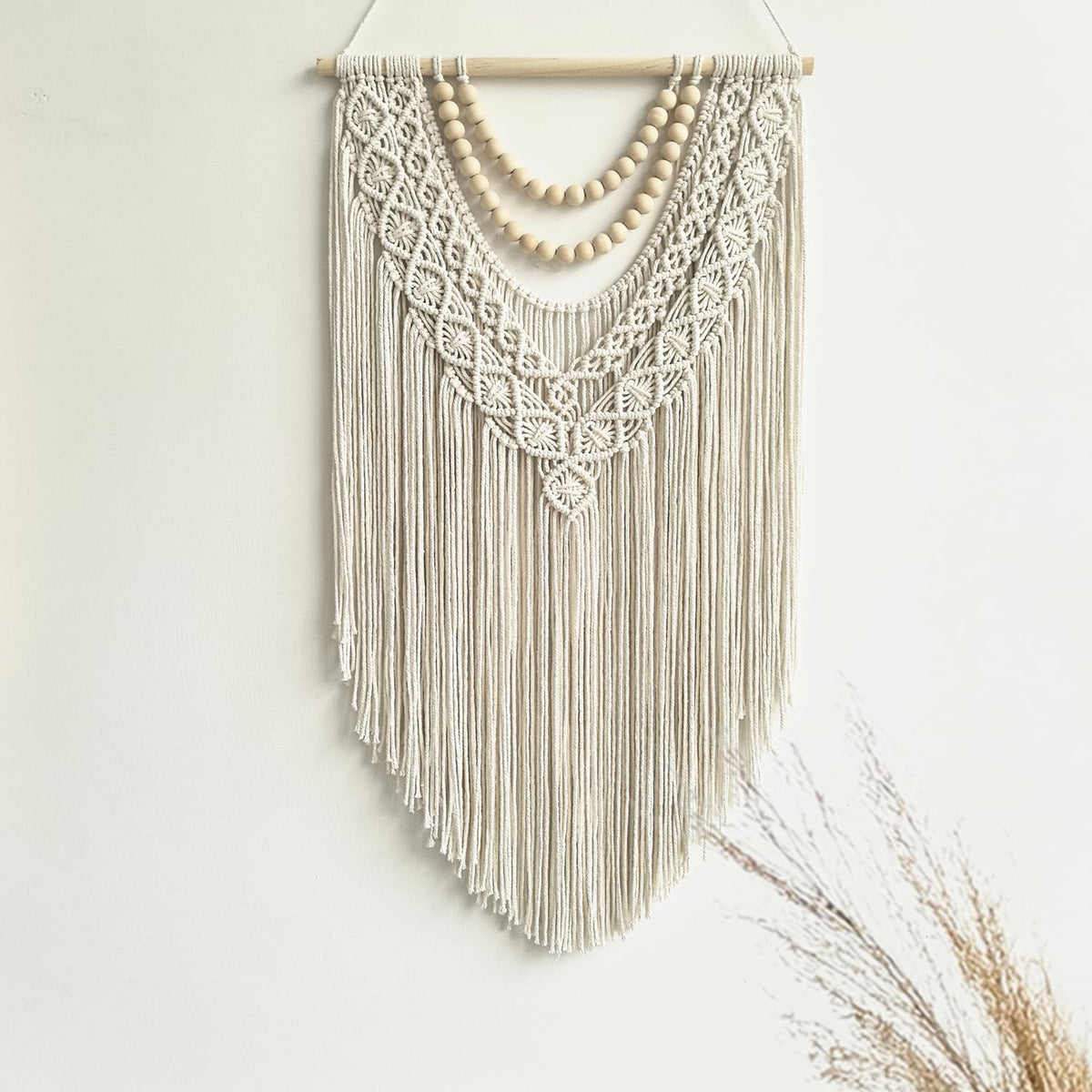 guzhiou Macrame Wall Hanging Boho Geometric Woven Tapestry Cotton Handmade Bohemian Art Decor with Wood Bead Wall Decor for Bedroom Living Room Apartment Nursery 31.5" L x 17" W(Wood bead-A)