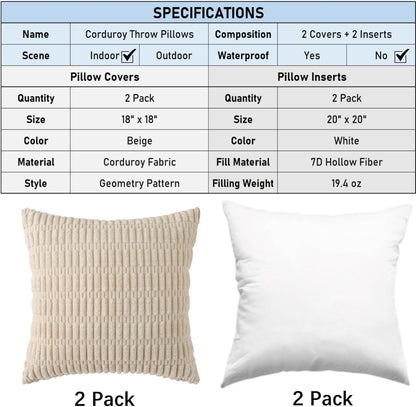 2 Pack Corduroy Decorative Throw Pillow with Inserts, 18x18 Inch Soft Boho Throw Pillow, Square Striped Throw Pillows for Couch, Bed, Sofa Decor(Beige)