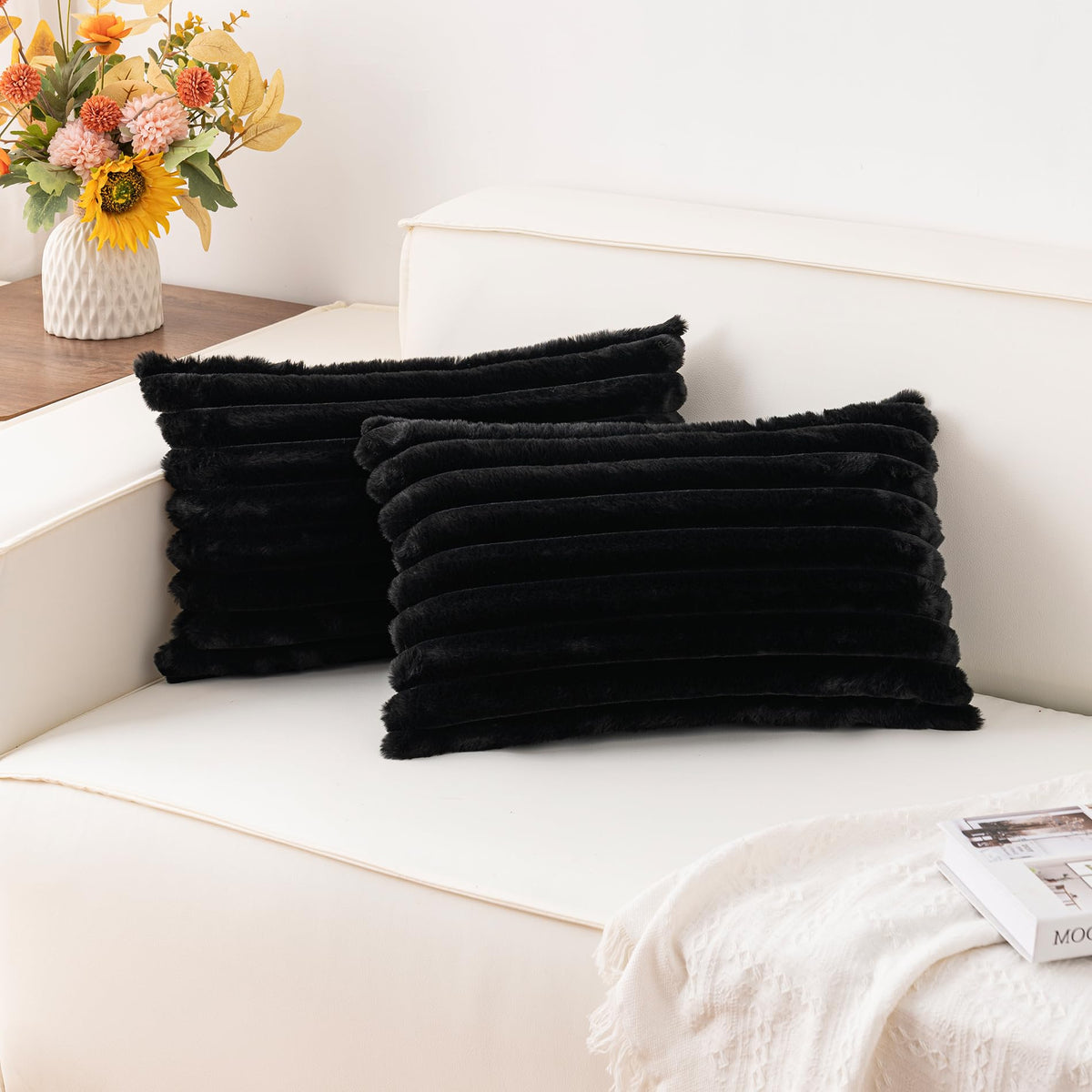 Pack of 2 Faux Fur Christmas Throw Pillow Covers 18x18 Inch, Cream White